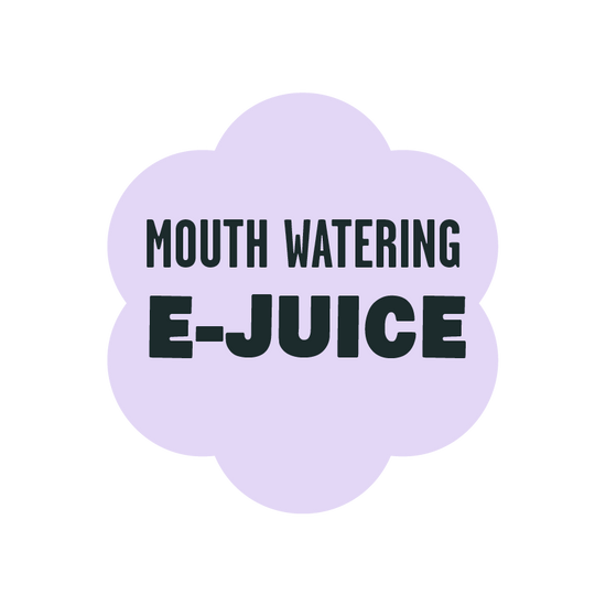 purple flower shape with text inside it saying Mouth Watering E-Juice.