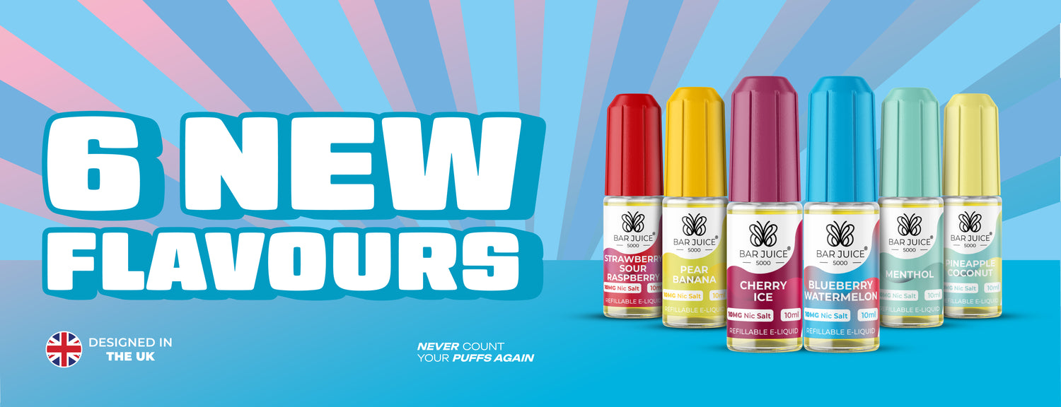 6 New Flavoured E-Liquid Bottles showcased with different shades of blue rays in imitation of sun rays in the background.