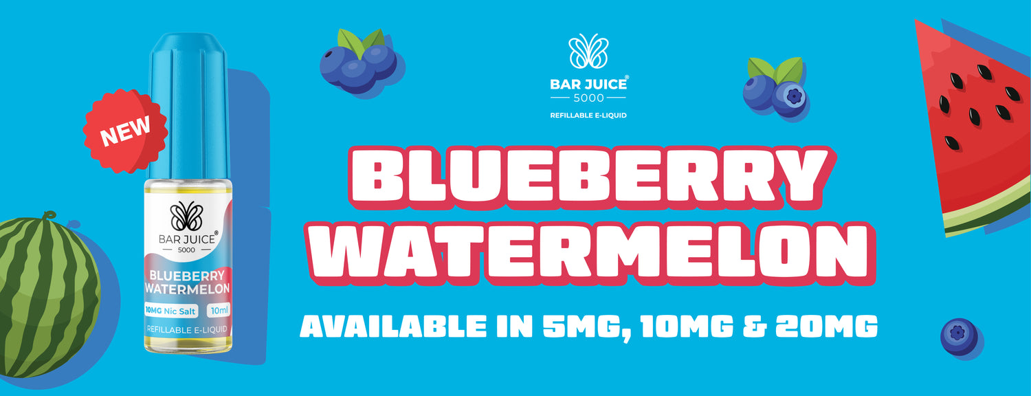 Text saying Blueberry Watermelon and in white subtext beneath saying Available in 5mg, 10mg & 20mg. Watermelon and blueberry illustrations surround text and the e-liquid blueberry watermelon bottle. 